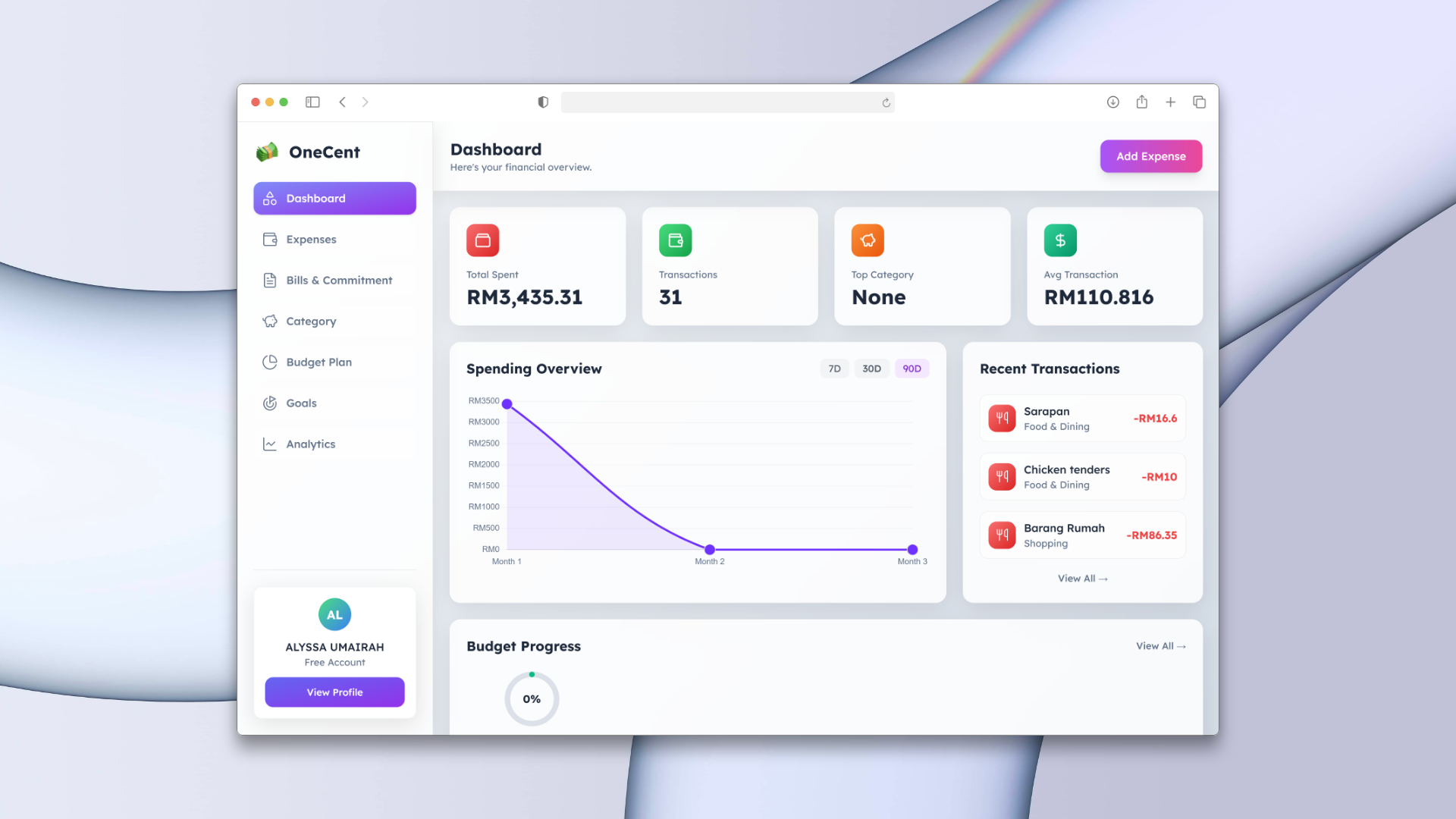 One-cent tracker personal finance web app — UI UX frontend project