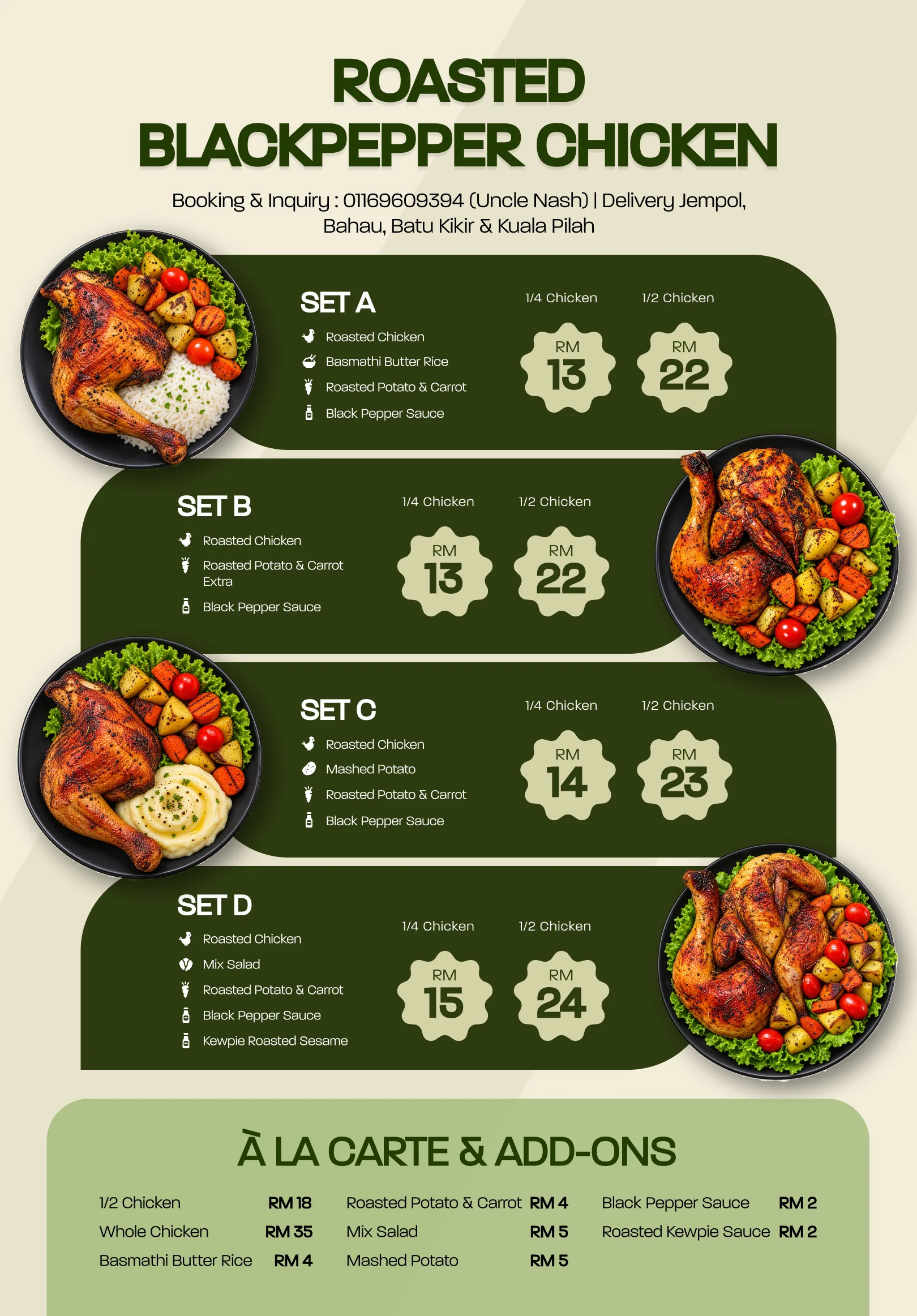 Roasted blackpepper chicken menu poster for Uncle Nash, Jempol delivery | menu design by Umairx