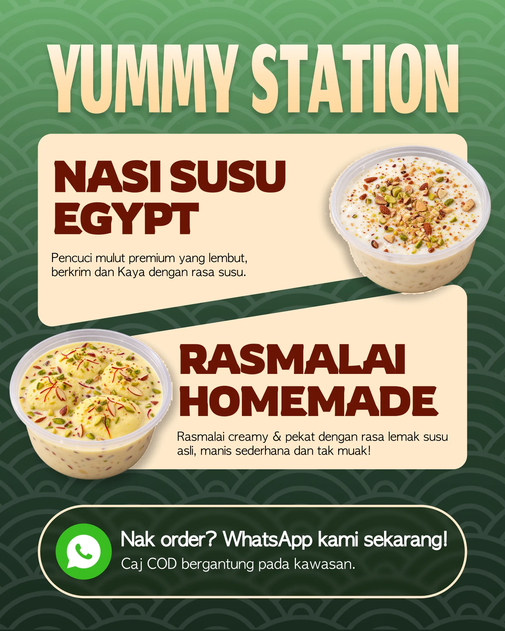 Yummy Station dessert menu poster | Nasi Susu Egypt and Rasmalai by Umairx