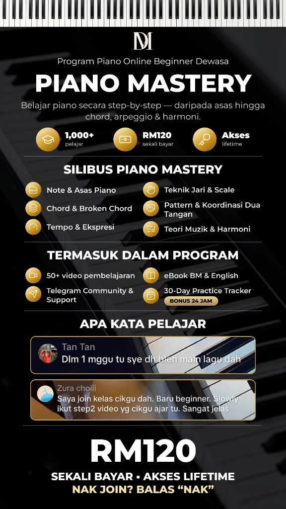 Piano Mastery course poster for Syafiq Zubair adult beginner piano programme | poster design by Umairx