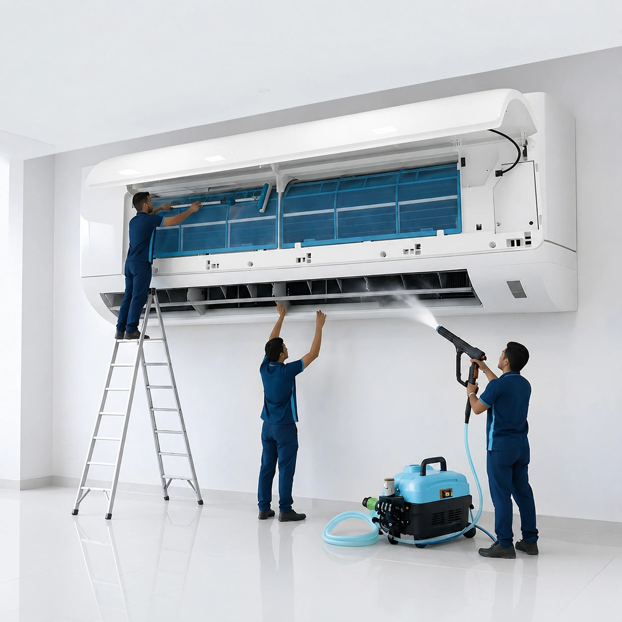 Technician servicing an outdoor air conditioning unit