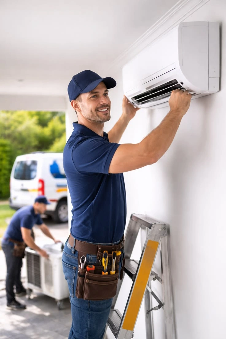 Air conditioning technician installing a unit